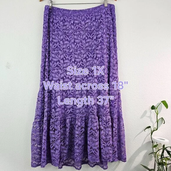 Y2K Lilac Fairy Roses Floral Lace Sheer Midi Skirt Sz 1X Lined Whimsigoth - Picture 4 of 8